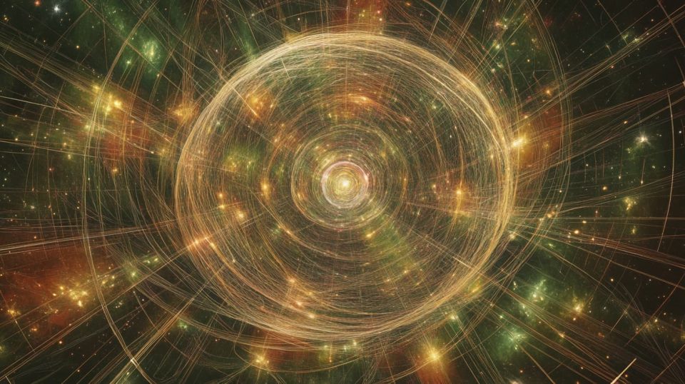 A grand, abstract representation of a higher being as an infinite, radiant presence woven into the universe. ai generated