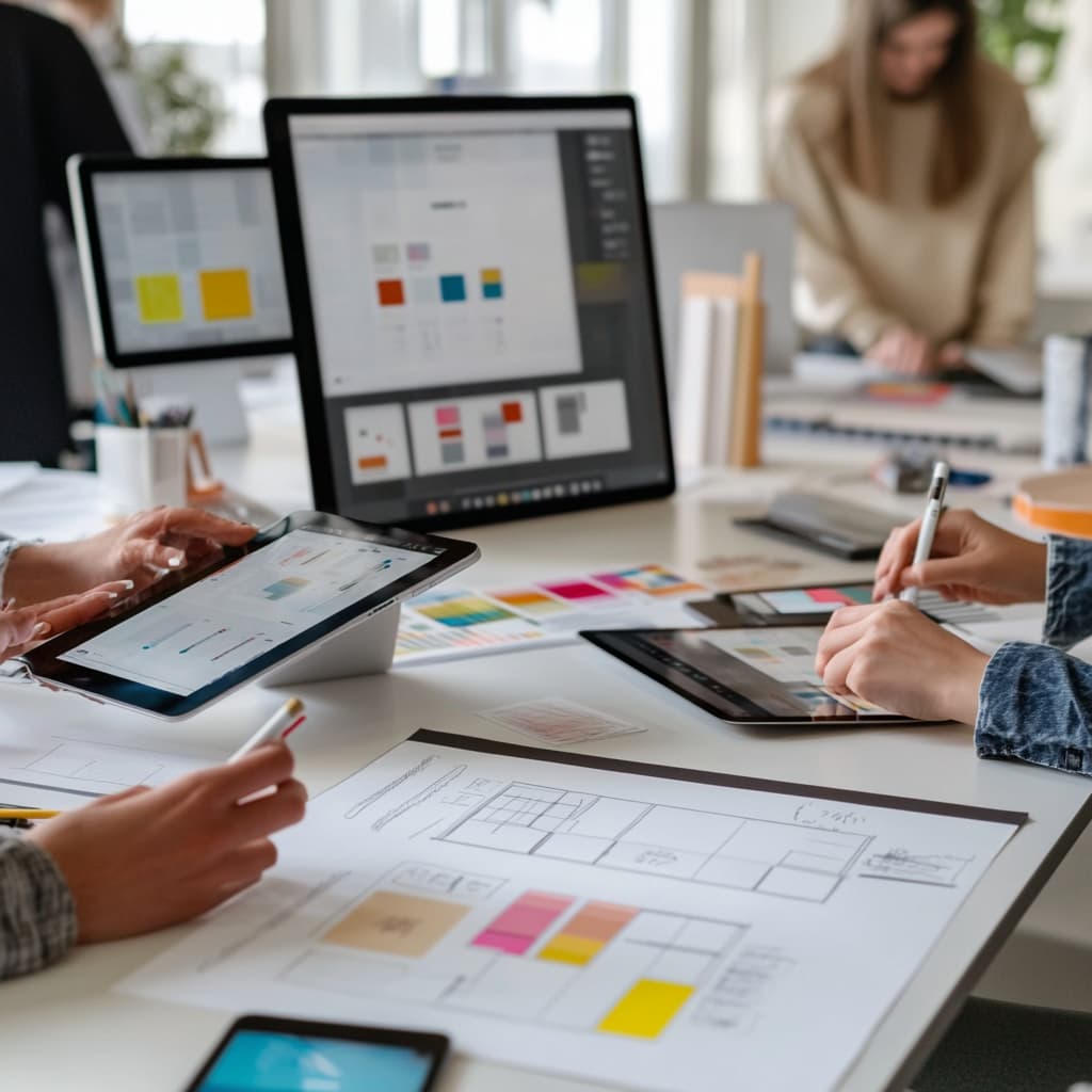 A graphic design studio with designers collaborating at a large table. ai generated