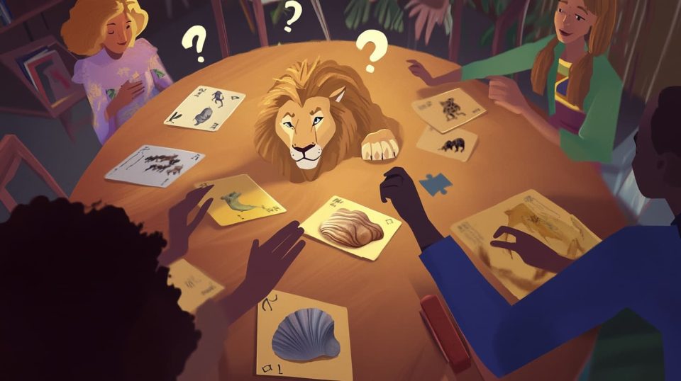 A group gathered around a table, engaged in solving tough riddles. ai generated