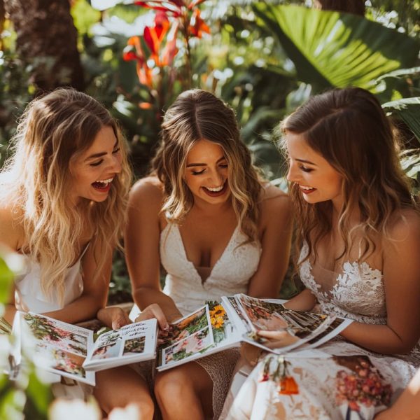 A group of bridesmaids with a bride in a garden setting, looking through wedding magazines and discussing details with excitement. ai generated