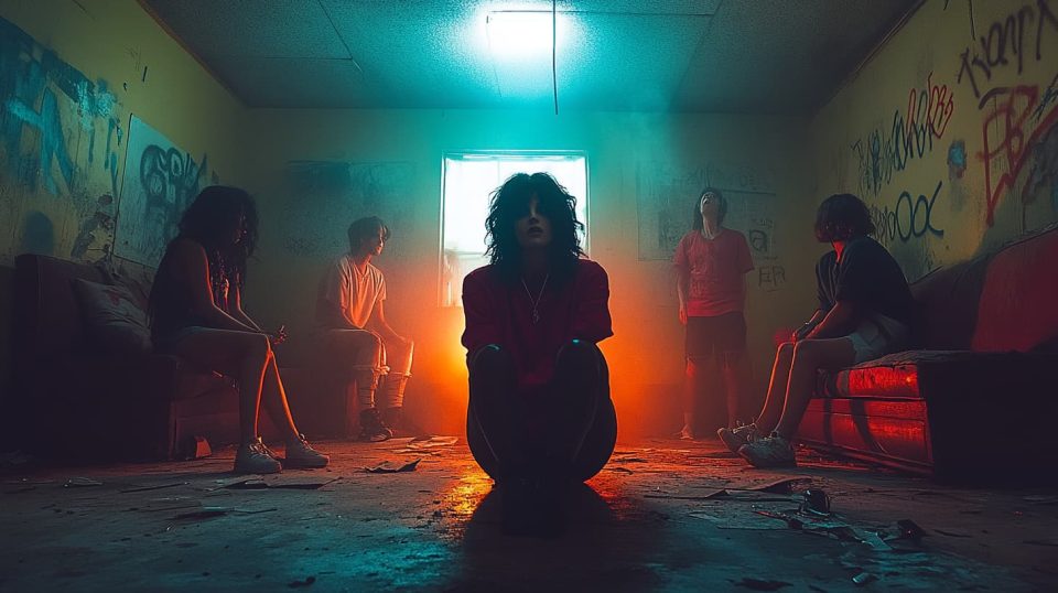 A group of characters gathered in an abandoned asylum. ai generated