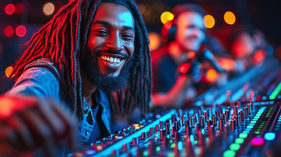 A group of musicians in a studio, experimenting with blending genres; one plays a violin while another adjusts an electronic mixer. ai generated