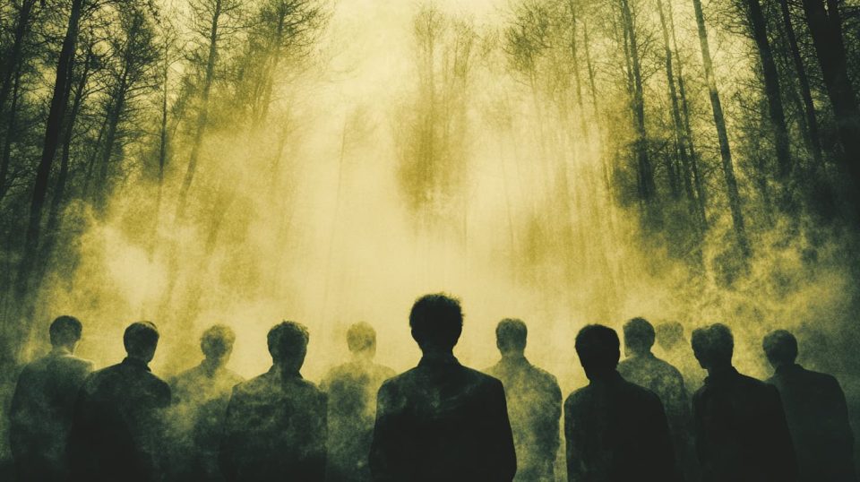 A group of people gathered around a campfire in the middle of a dense forest at night ai generated