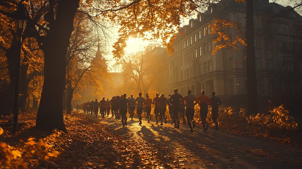 A group of people running a marathon together, showing encouragement and mutual support. ai generated