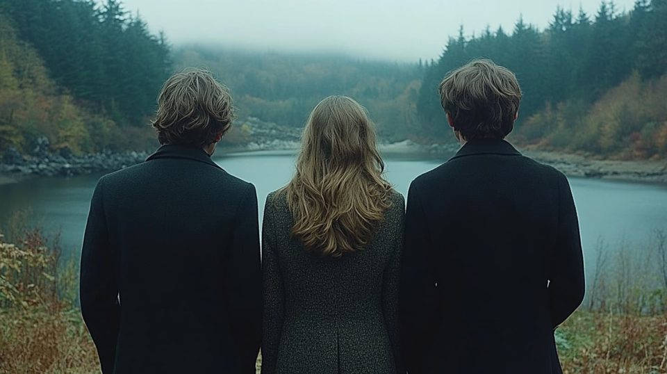 A group of people standing at the edge of a forest at dusk, staring into the darkness, unsure of what lies ahead. ai generated