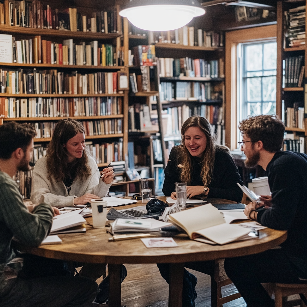 A group of writers sitting in a small library, working together at a round wooden table. ai generated