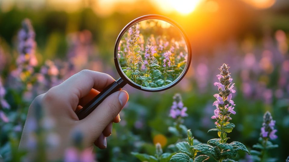 A hand holding a magnifying glass over a plant leaf, ai generated