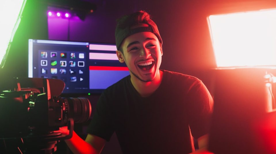 A happy YouTuber recording a new video with bright lighting, a camera. ai generated