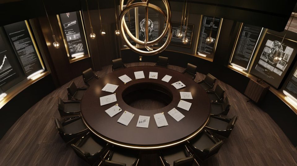 A high-end strategy room featuring a circular design with stepped seating areas. ai generated