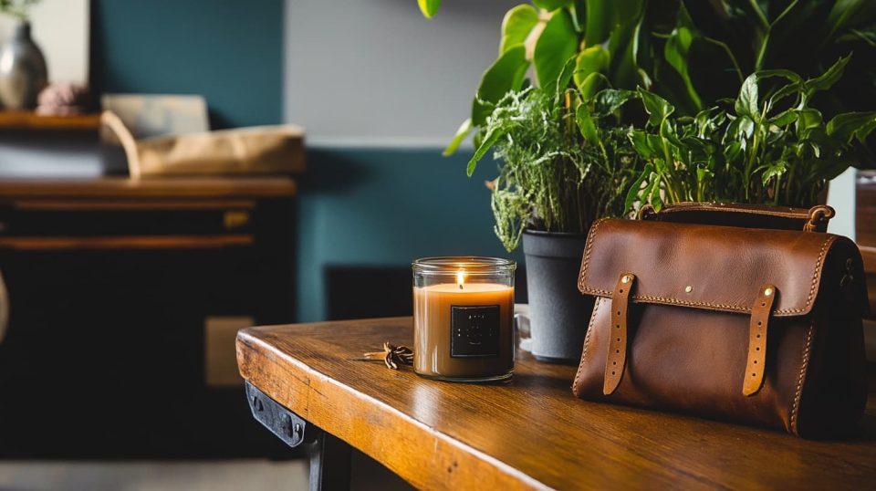 A high-quality leather bag, potted plants, and handmade candles on a wooden table. ai generated