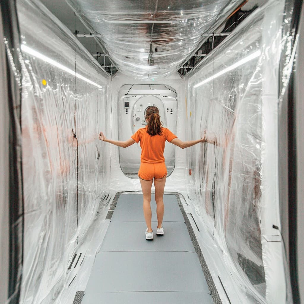 A high-tech 'Wellness Cocoon' where a person is exercising. ai generated