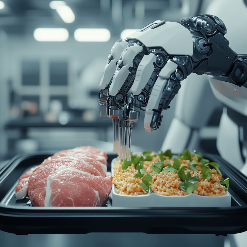 A high-tech food replicator scanning a person's body and producing a tray of meals perfectly ai generated