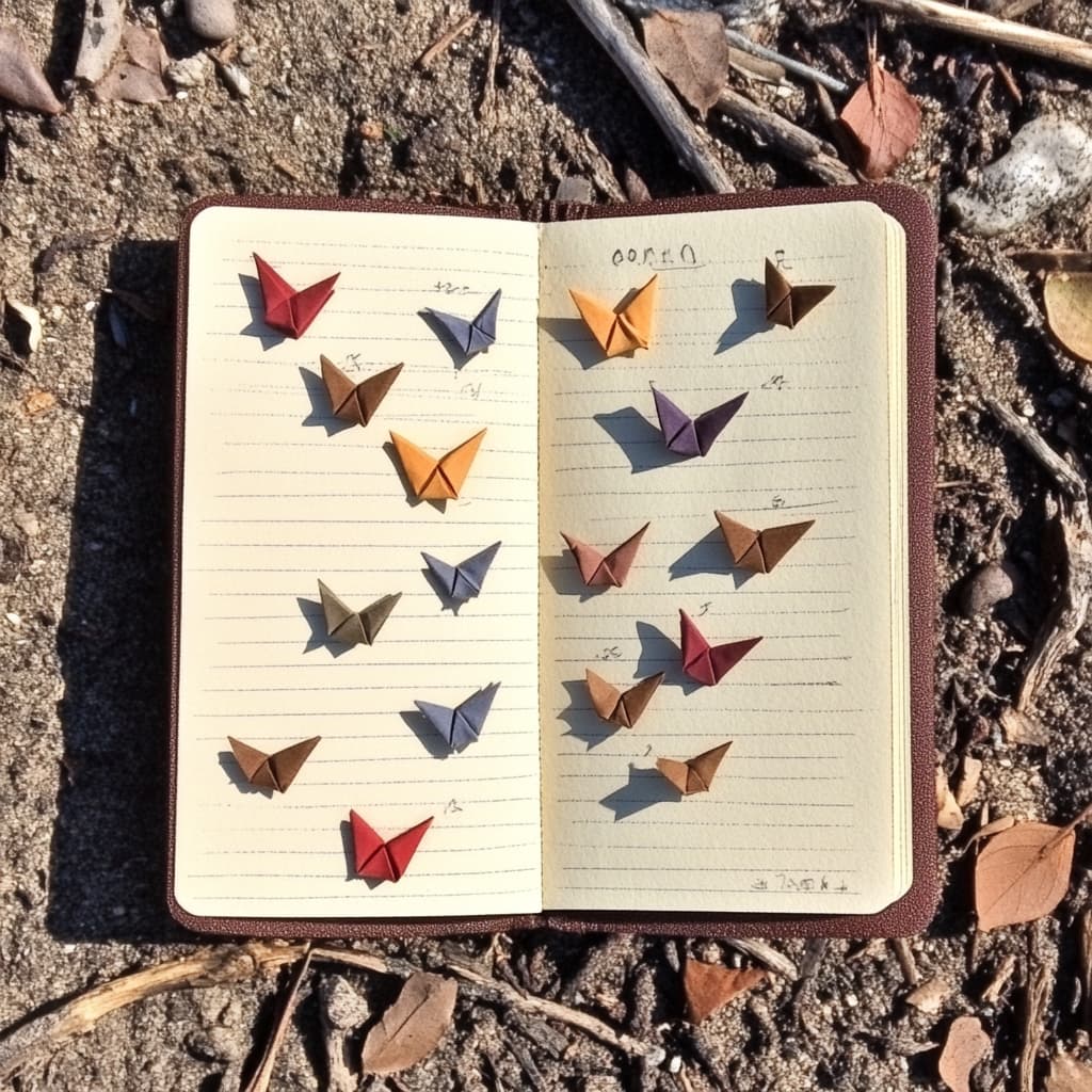 A journal that, when opened, releases a flock of origami birds carrying snippets of meditation insights and progress notes ai generated