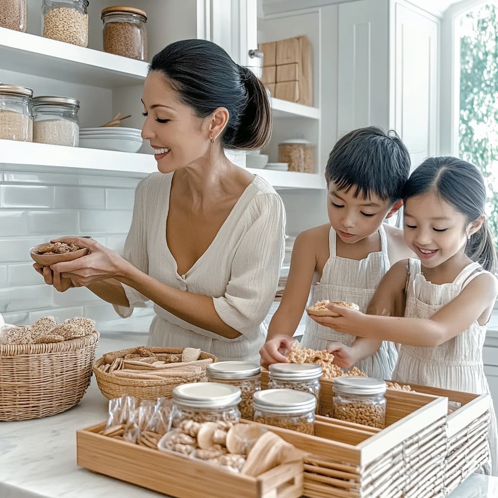 A kitchen with a mother and her two children arranging snacks and kitchen. ai generated