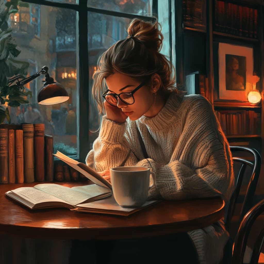 A language enthusiast revising a manuscript in a cozy café, surrounded by dictionaries, thesauruses, and literary classics. ai generated