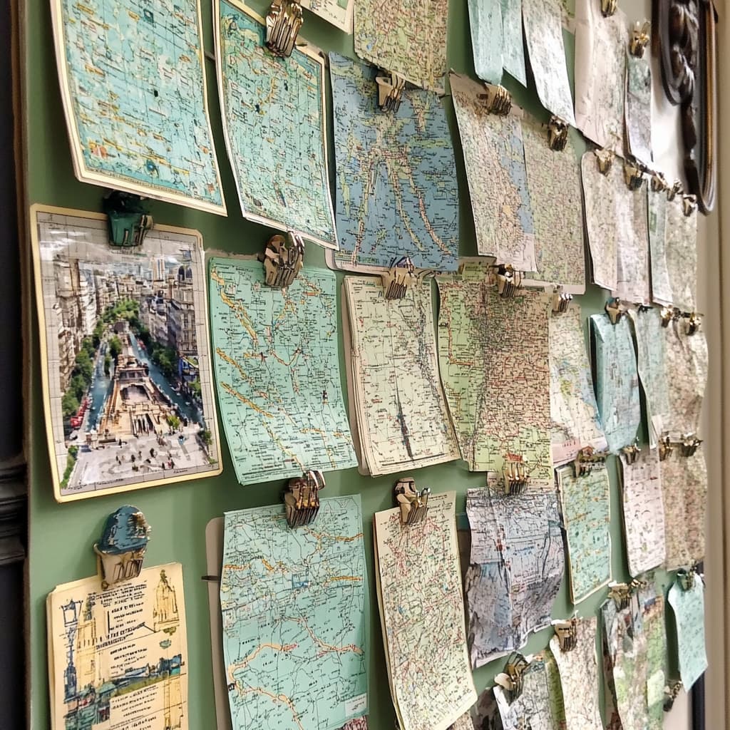 A large corkboard filled with colorful pinned notes, maps, and printed itineraries. ai generated