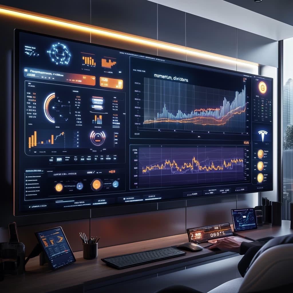 A large, futuristic digital board is displayed in a home trading setup. ai generated
