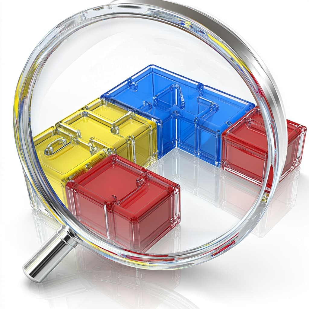 A large, transparent 3D puzzle in the shape of a credit report, with an AI magnifying glass highlighting key sections. Each puzzle piece represents different factors affecting credit scores. - AI generated