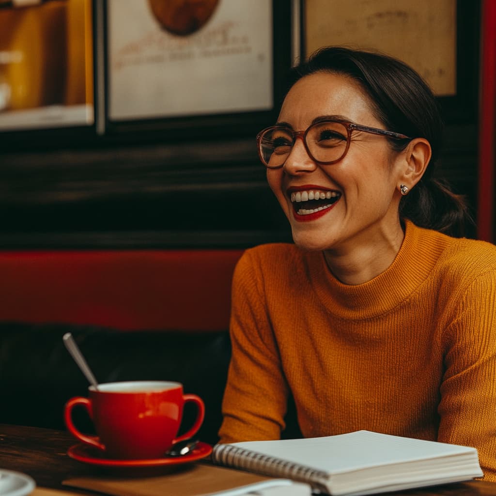 A learner smiling as they talk with someone, maybe over a meal at a café, practicing a foreign language. ai generated
