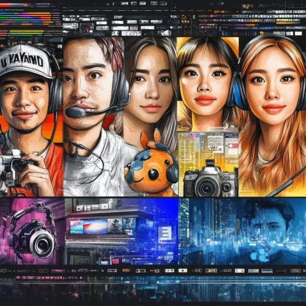A lively digital scene featuring a split view of real-life influencers and gamers next to their cartoon avatar versions.ai generated