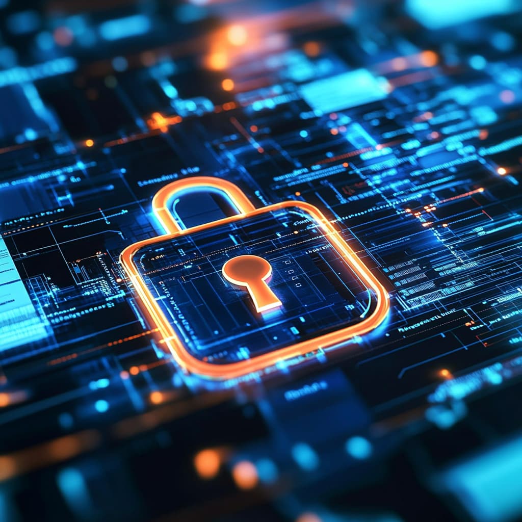 A lock and shield symbol on a digital screen, representing data security. In the background, blurred images of tax documents and personal information to emphasize the protection of sensitive data.