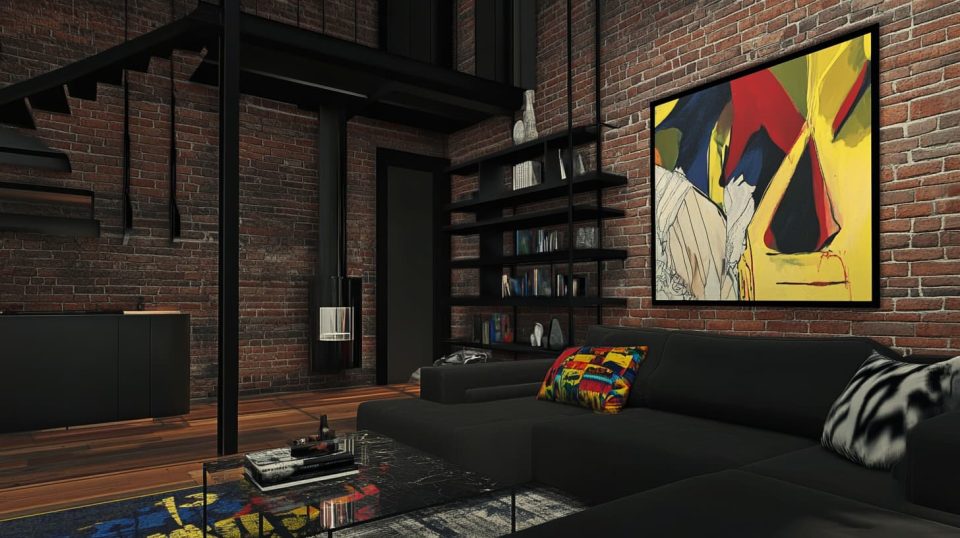 A loft-style living room with exposed brick walls, sleek black shelving, a modern sectional sofa, and vibrant artwork to soften the industrial edge. ai generated