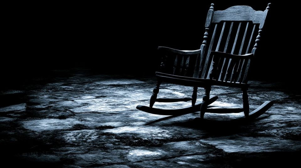 A lone rocking chair in a dark room, creaking as if recently disturbed. ai generated
