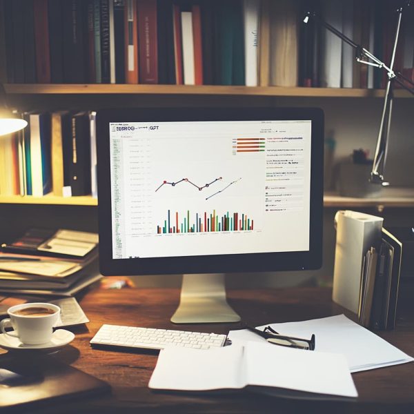 A marketer in a cozy office space surrounded by books and a cup of coffee, using their computer to analyze SEO audit result. ai generated