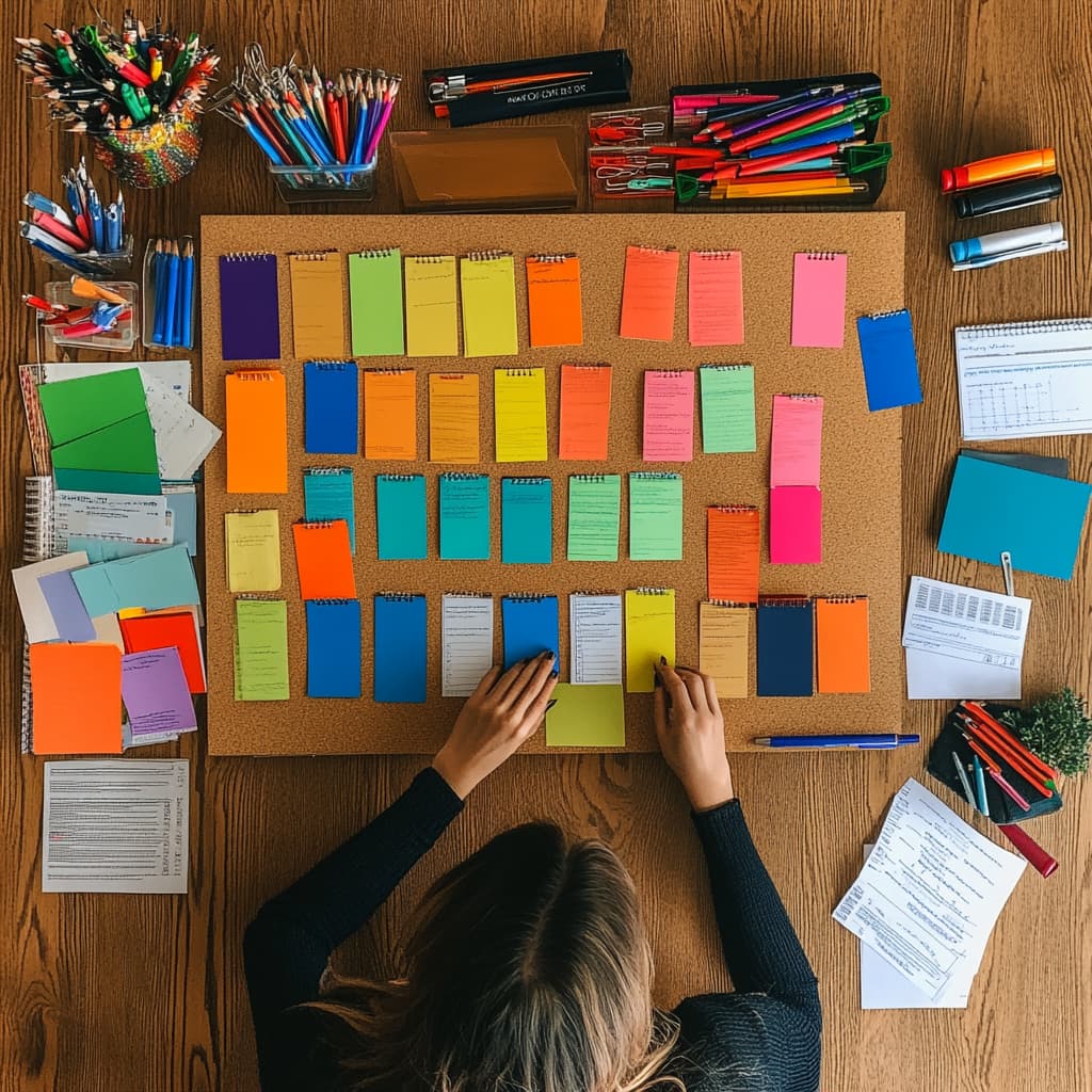 A meticulous academic organizing a large corkboard with colorful index cards, outlining sections of a research paper. ai generated