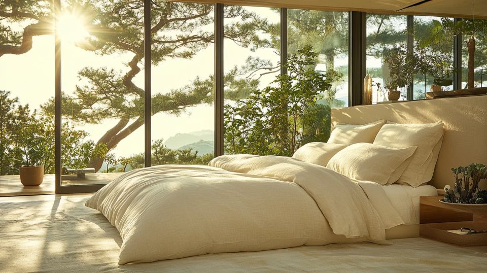 A minimalist bedroom with neutral-toned organic bedding, a potted plant by the window, and a repurposed vintage headboard. ai generated
