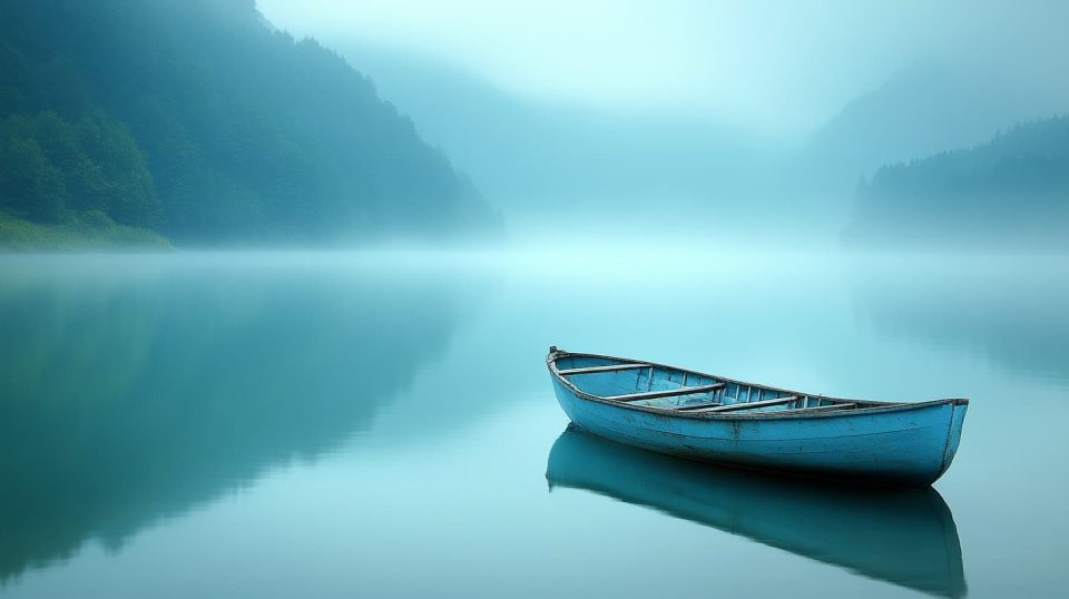 A mist-covered lake at sunrise, with an abandoned rowboat drifting aimlessly. ai generated
