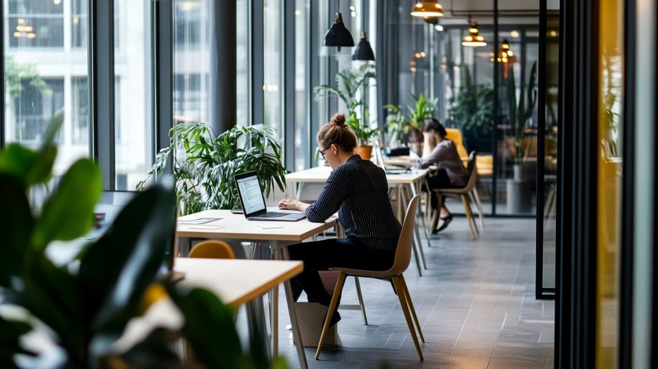 A modern business environment with professionals working in an open office space. ai generated