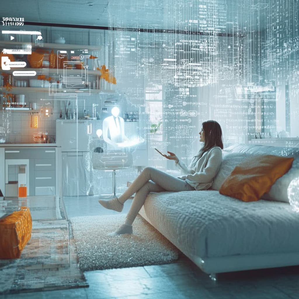 A modern smart home interior with a person casually chatting with a holographic financial advisor. ai generated