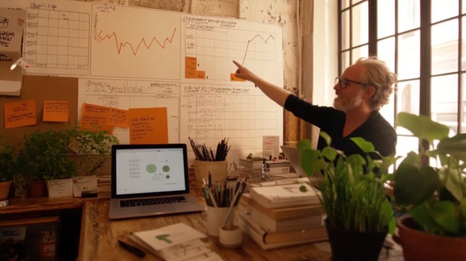 A modern startup workspace with a co-founder pointing to a graph on a laptop screen that shows a steep rise in user acquisition. ai generated