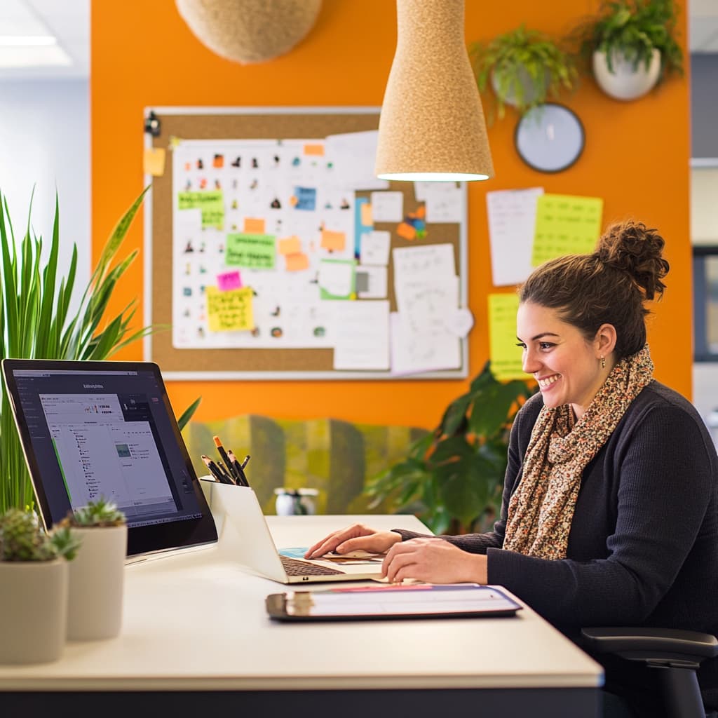 A modern, vibrant co-working space with a cheerful marketing manager. ai generated