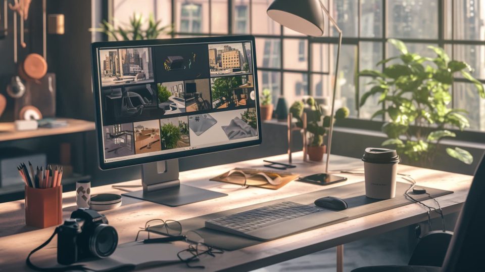 A modern, well-organized workspace with a computer showing a screen where product descriptions are being visually generated in real-time next to images of various products. ai generated