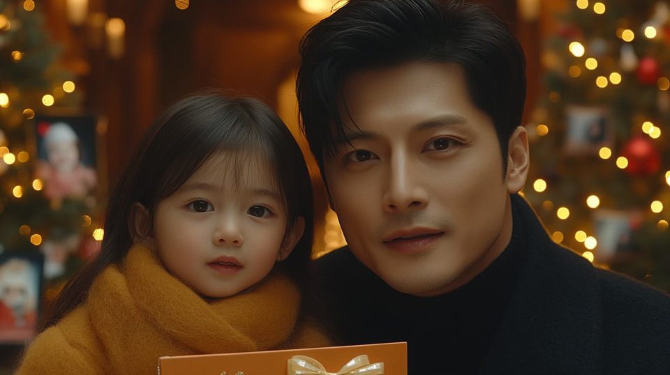 A moment captured between a parent and child as the child opens a gift. ai generated