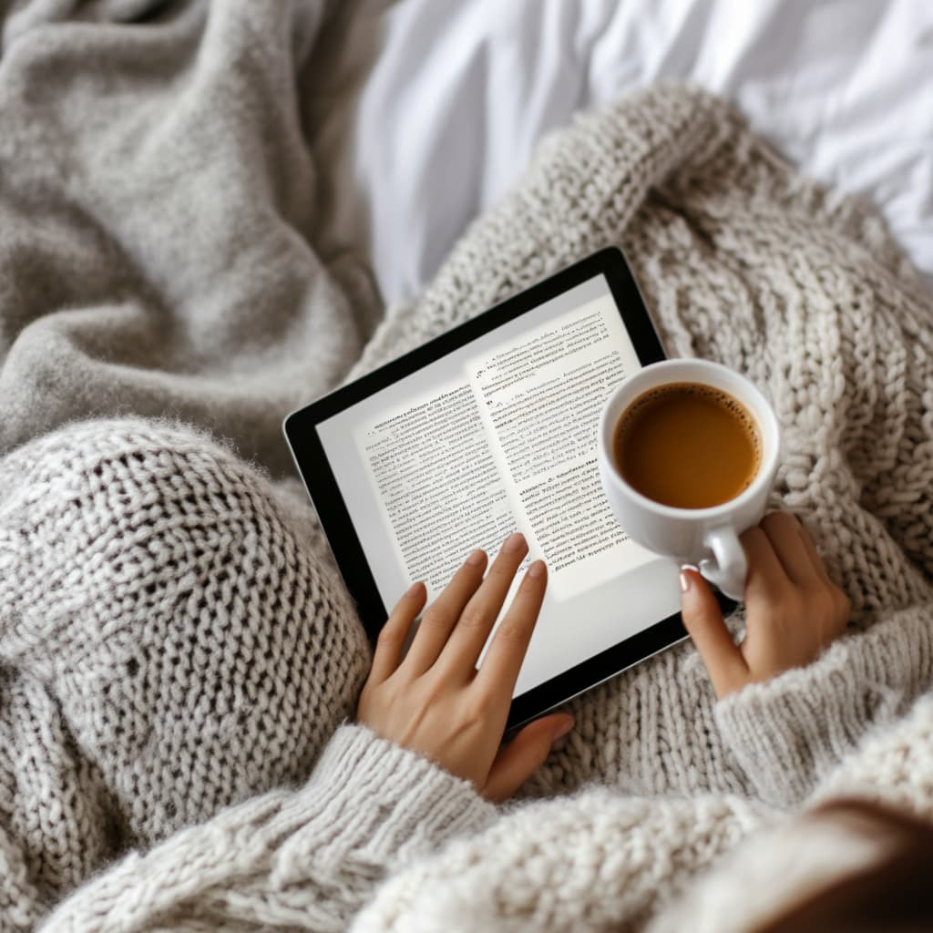A morning routine scene with a person enjoying coffee while browsing through personalized book recommendations on a tablet, ready to choose their next read for the day. ai generated