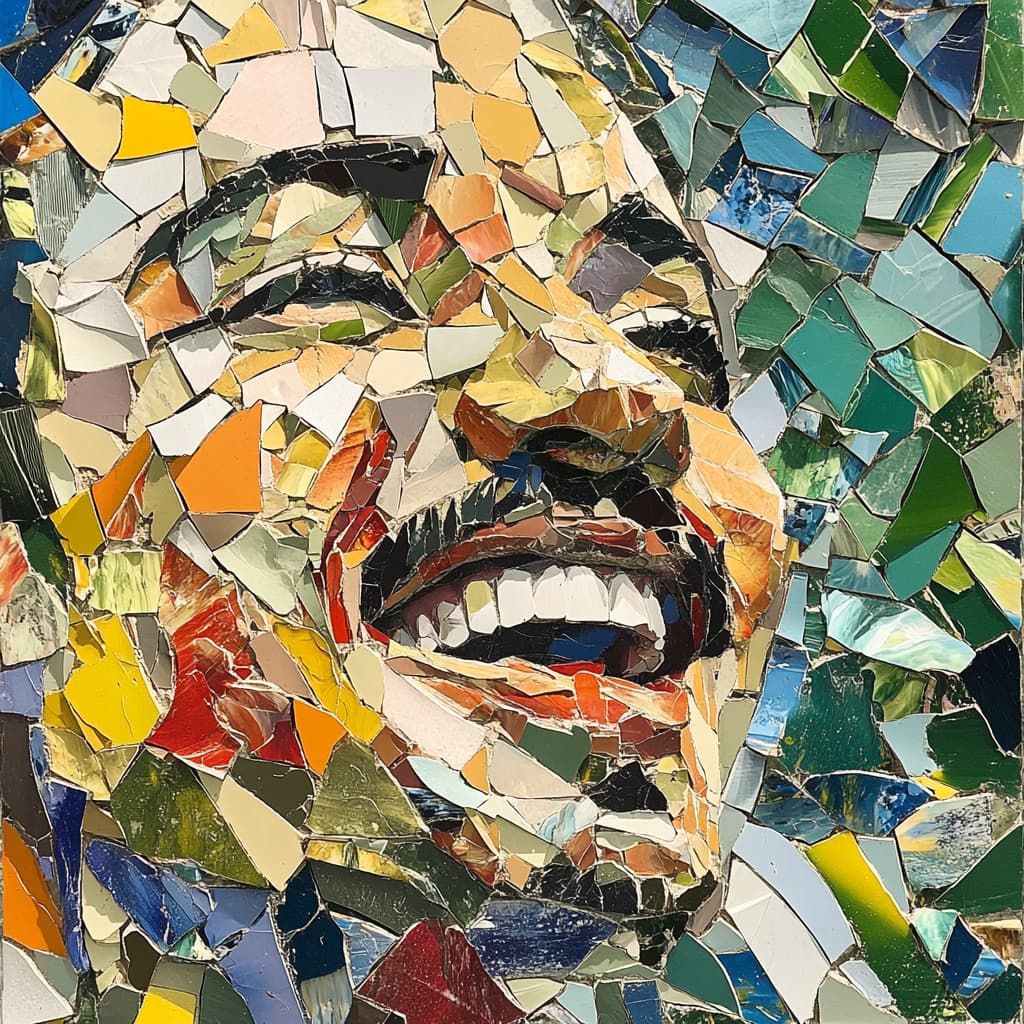 A mosaic made of diverse pieces, coming together to form a picture of a person smiling and at peace. ai generated