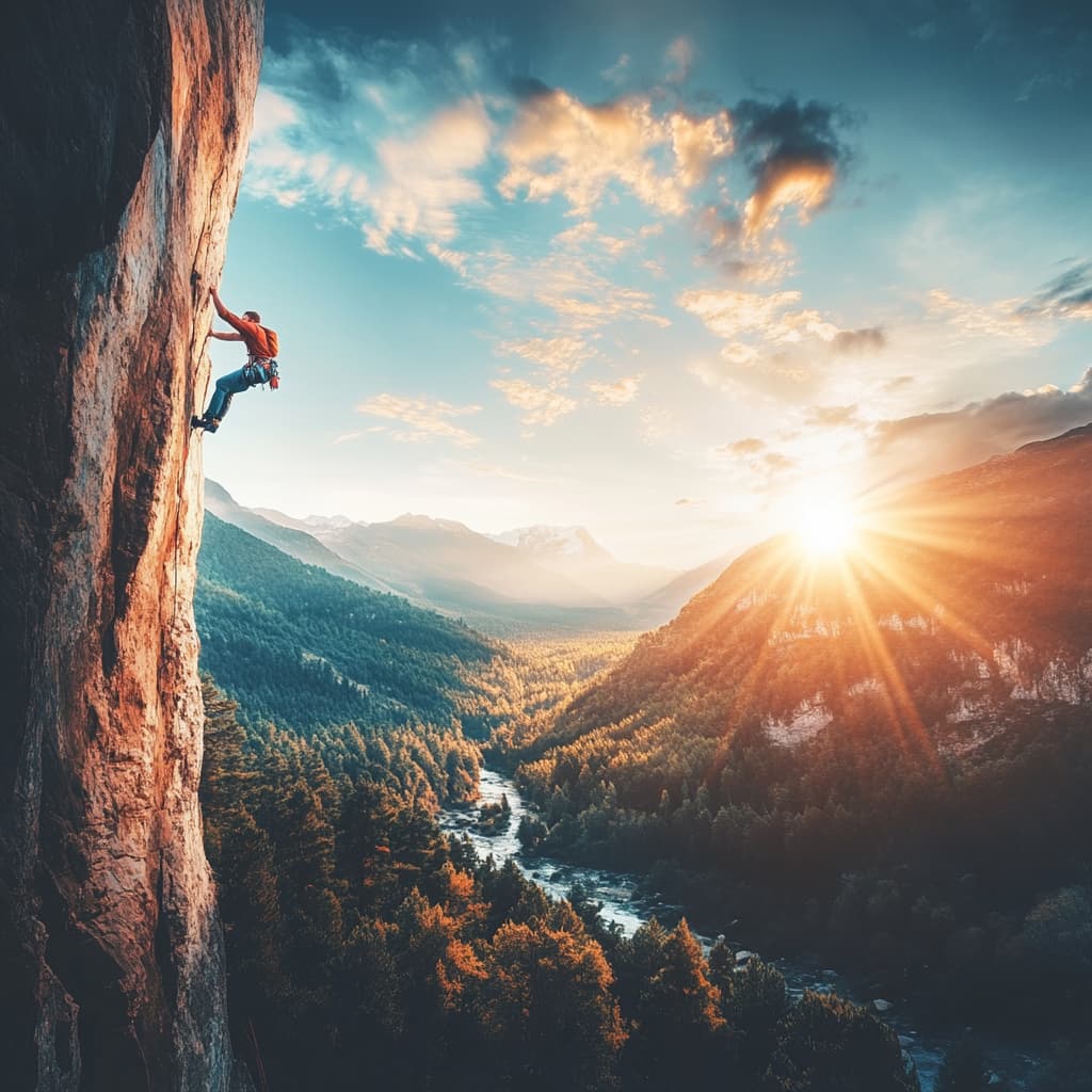 A mountain climber scaling a steep cliff, reaching towards the summit where the sun is just starting to rise, symbolizing the struggle and reward of building positive habits. ai generated