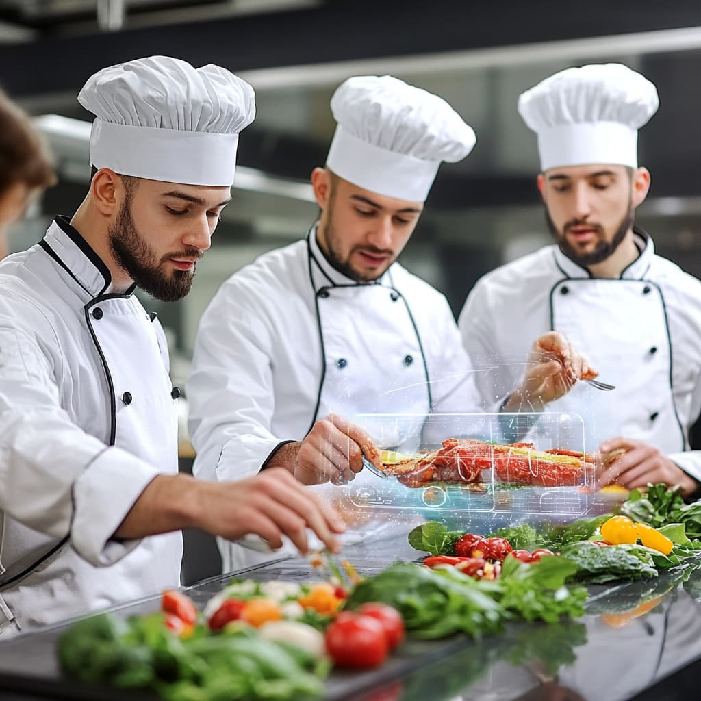 A multi-tiered cooking class where AI chefs guide students of varying skill levels through the same recipe.- ai generated
