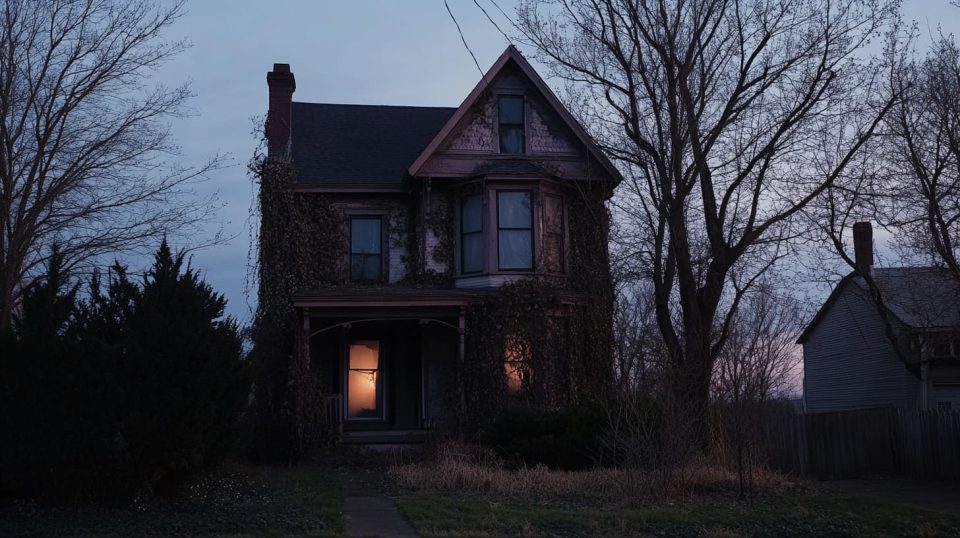 A mysterious, empty Victorian house with cracked windows and overgrown ivy clinging to its walls. ai generated