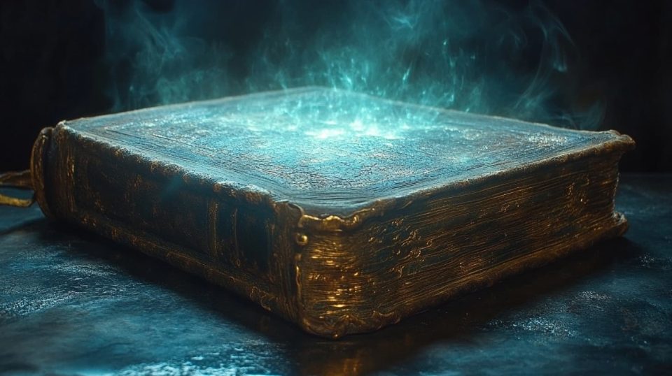 A mysterious, weathered book lying open on a table, its pages glowing faintly with an unearthly light. ai generated