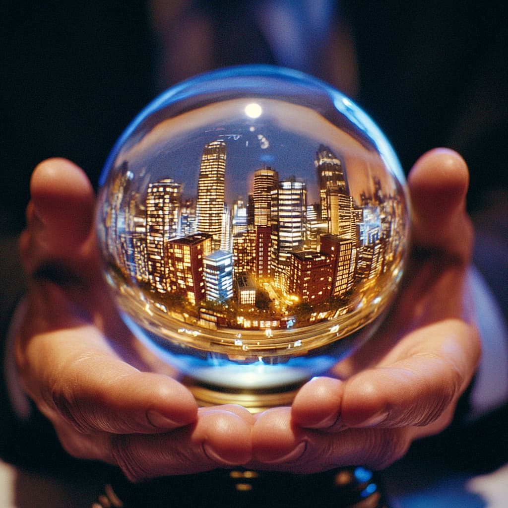 A mystical fortune teller's crystal ball, but instead of misty swirls, it contains a miniature, dynamic real estate market. Inside, tiny buildings rise and fall like a breathing city. Ai generated