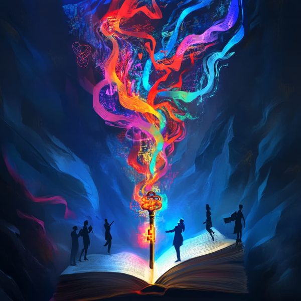 A mystical key made of glowing, intertwining words and symbols floating above an open book- ai generated