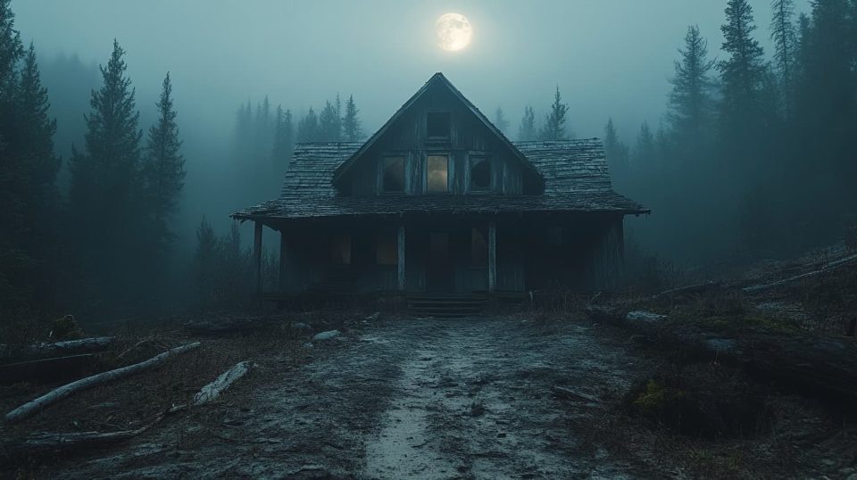 A narrow dirt path leading away from the haunted house, illuminated by a pale, full moon. ai generated