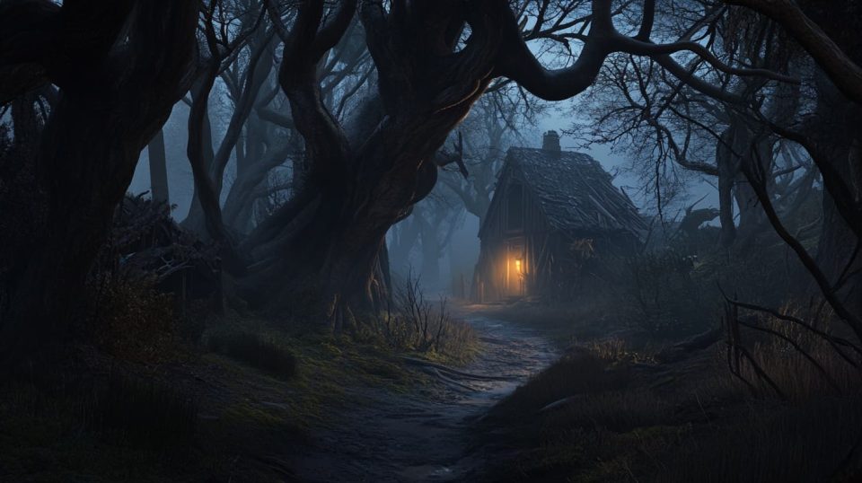 A narrow, winding forest path at twilight, with towering, gnarled trees that seem to close in around it. ai generated