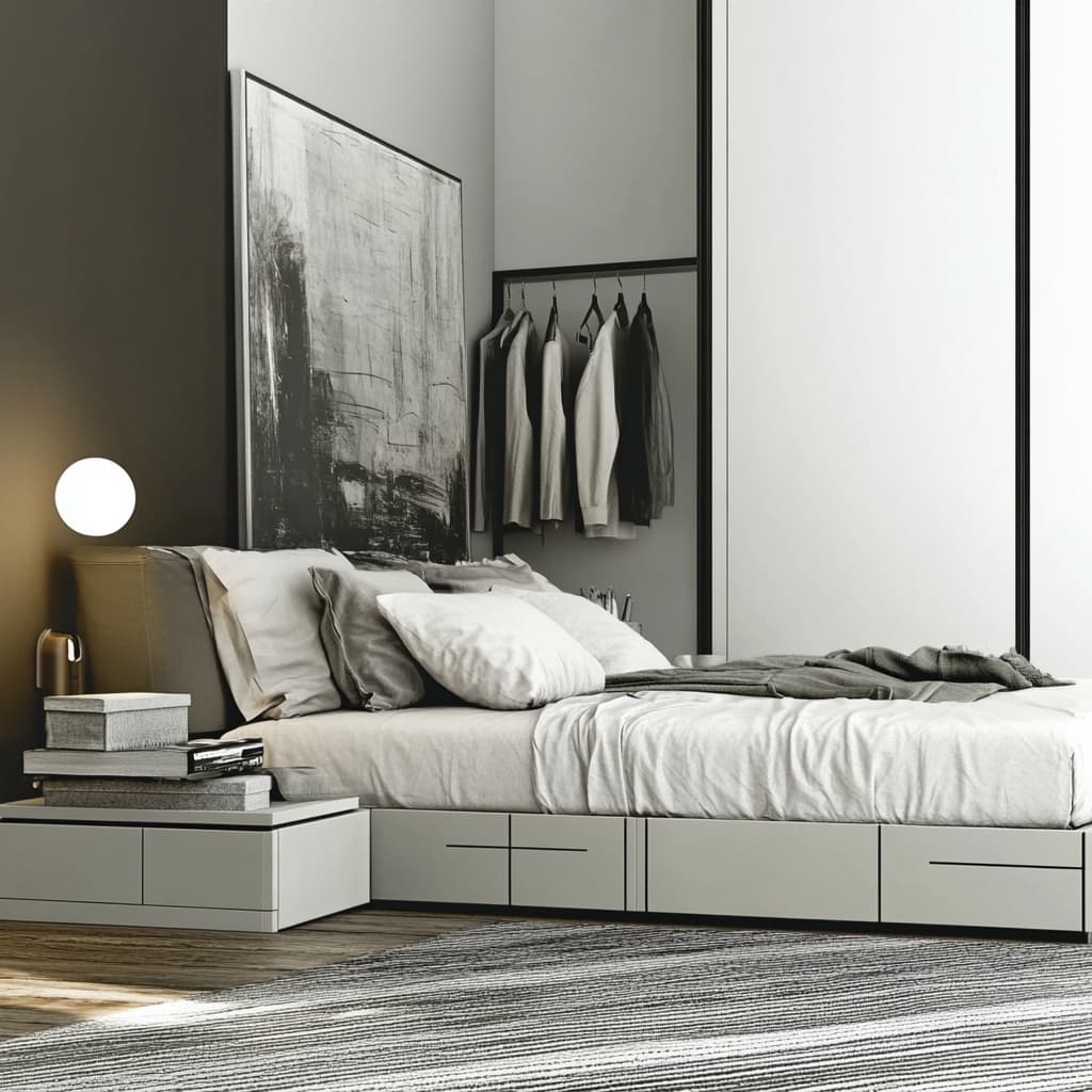 A serene bedroom with calming colors and minimal furniture, featuring built-in storage solutions such as under-bed drawers and a wall-mounted wardrobe. ai generated