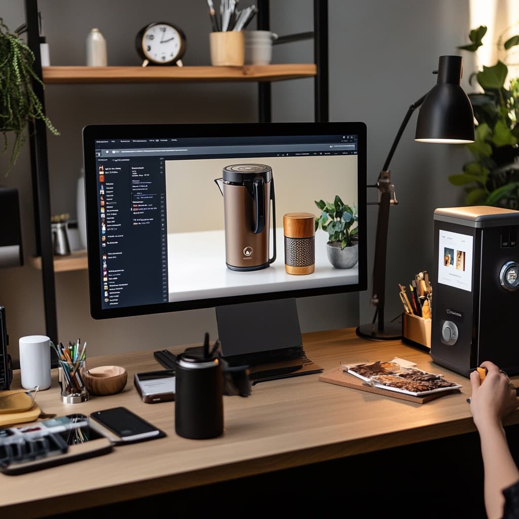 A neatly organized home office where a person is working on a product listing for an online store.ai generated
