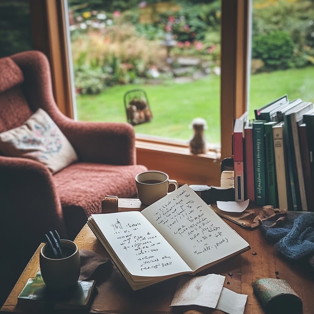 A notepad with a few handwritten story prompts surrounded by everyday objects like a cup of coffee. ai generated
